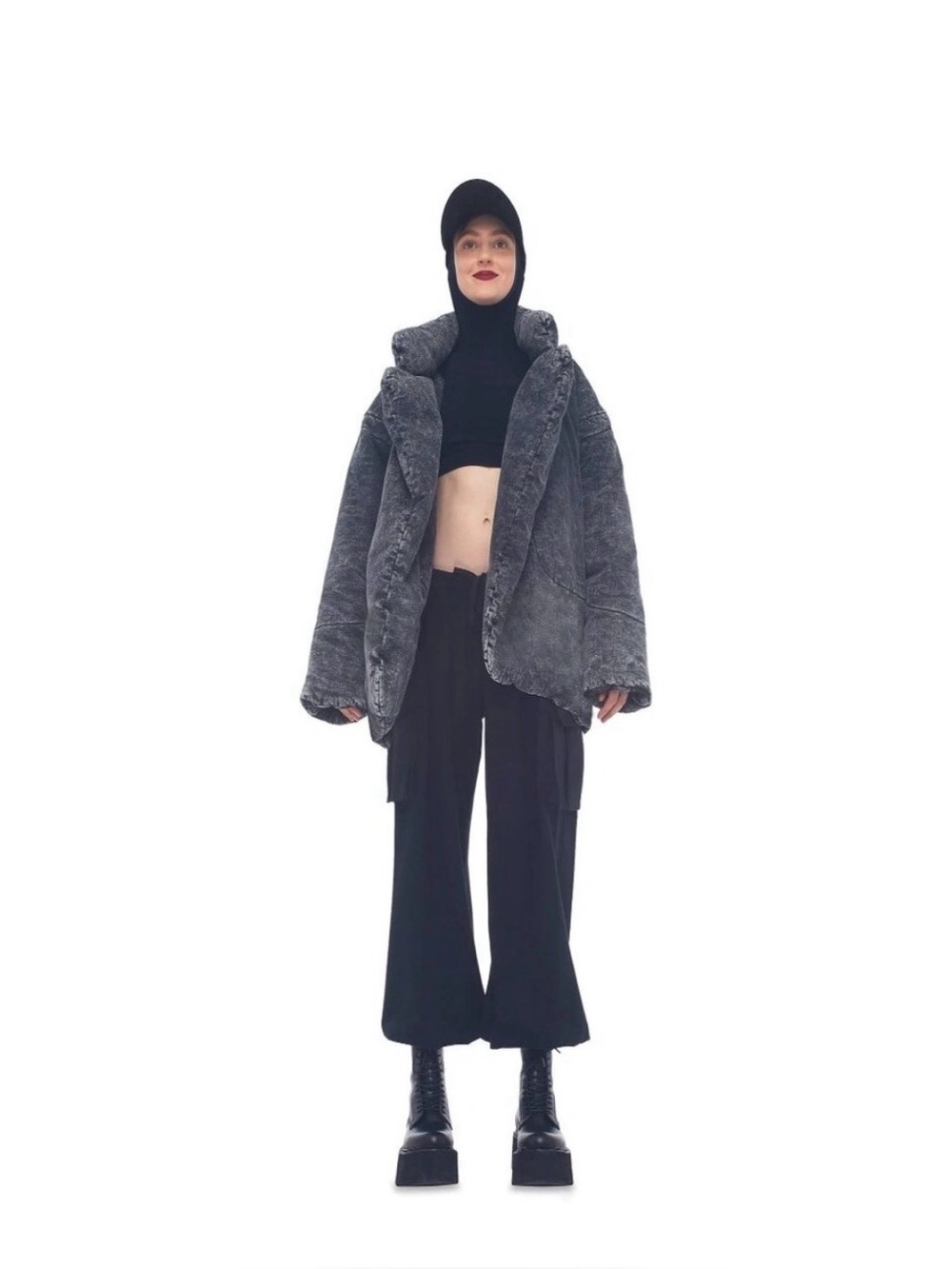 Norma Kamali Sleeping Bag Car Coat in a black acid-wash denim. NWT